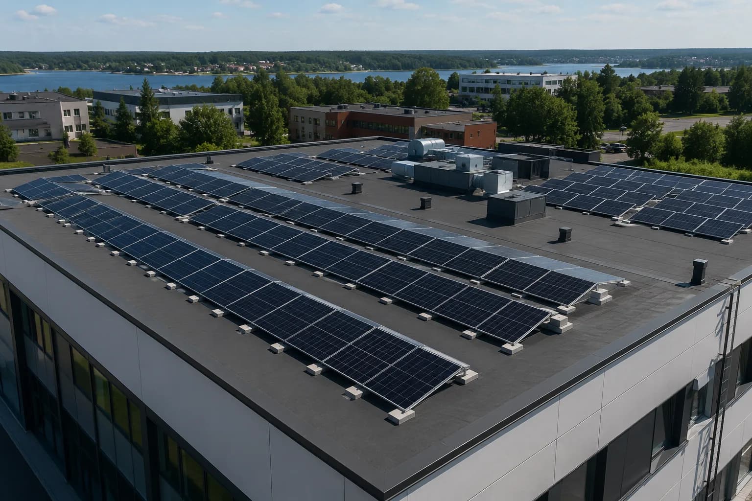 Ilmakuva liikekiinteistön tasakatosta, jolle on asennettu rivistöittäin aurinkopaneeleita